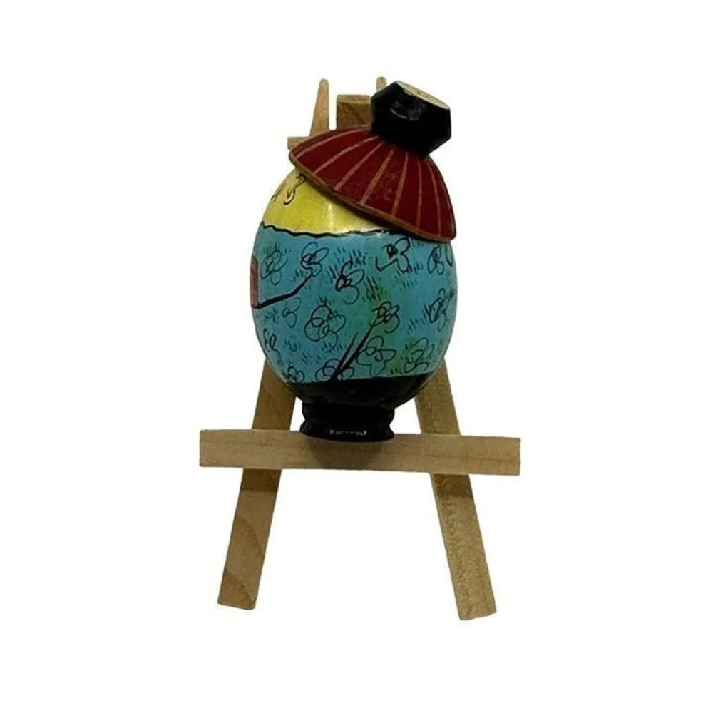 Wooden Figurine Turned Hand Painted Asian Conical Hat‎ Kimono Egg Shaped 3